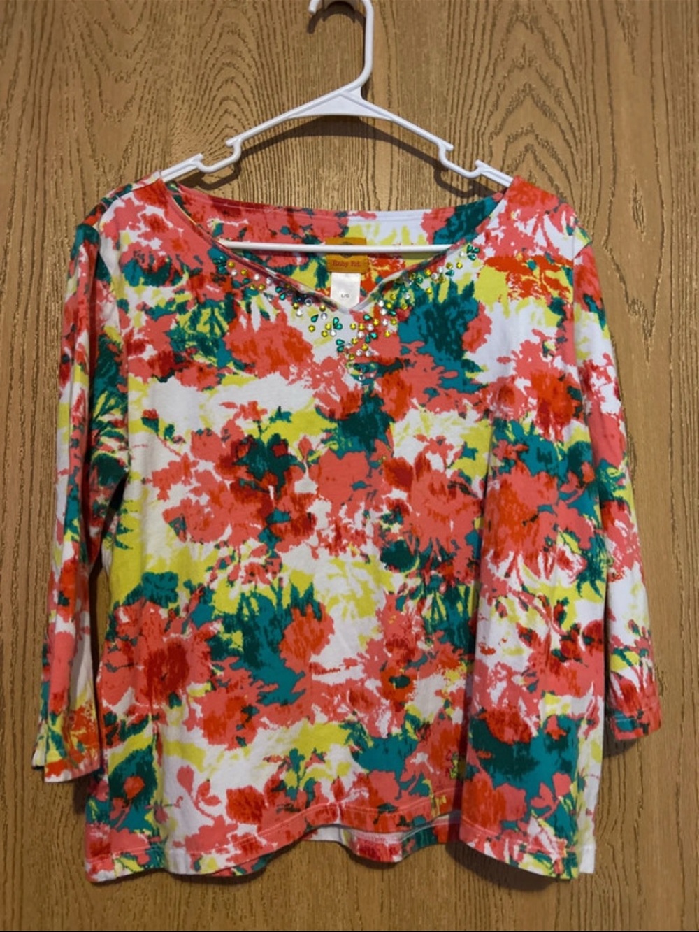 Ruby Rd. Coral Floral 3/4 Sleeve Blouse with Teal & Yellow Accents